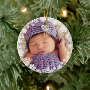 Elegant White Snowflake Baby Photo and Name Ceramic Ornament