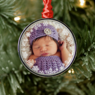 Elegant White Snowflake Baby Photo Keepsake Metal Ornament