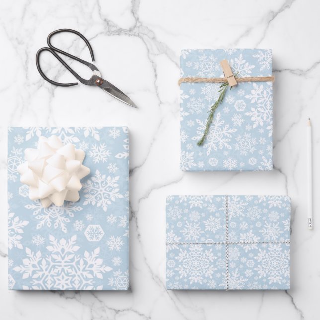 Elegant White Snowflake (Frost Blue) Wrapping Paper Sheet (Front)