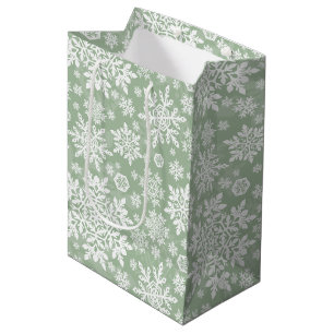 Elegant White Snowflake (Sage Pine) Medium Gift Bag