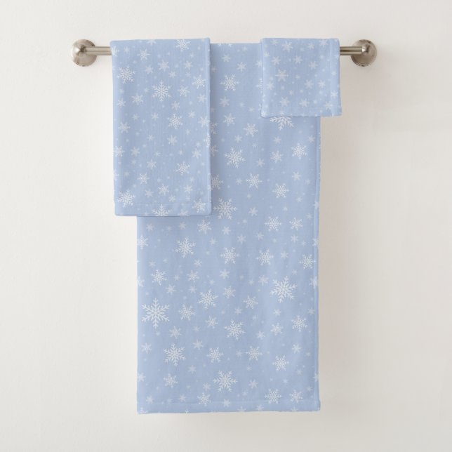 Elegant White Snowflakes on Light Blue Bath Towel  (Insitu)