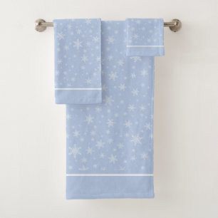 Elegant White Snowflakes on Light Blue Bath Towel Set