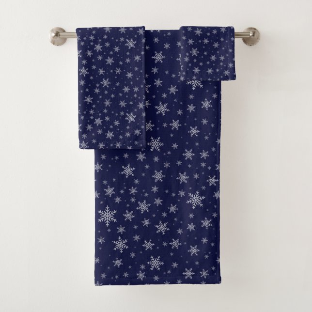 Elegant White Snowflakes on Navy Blue Bath Towel  (Insitu)