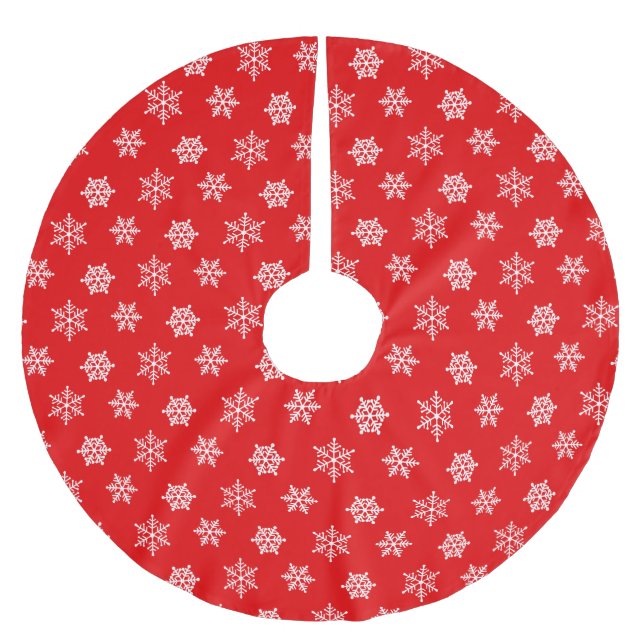 Elegant White Snowflakes on Red Brushed Polyester Tree Skirt (Front)