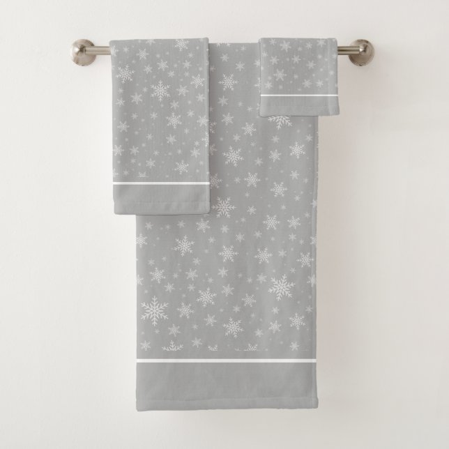 Elegant White Snowflakes on Silver Grey Bath Towel Set (Insitu)