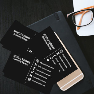 Elegant white social media icons black background business card