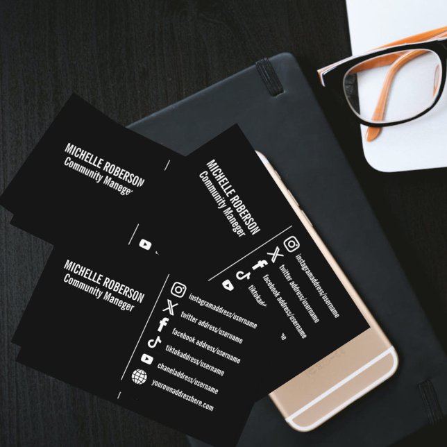 Elegant white social media icons black background business card (Personalized professional black and white elegant social media icons business card)