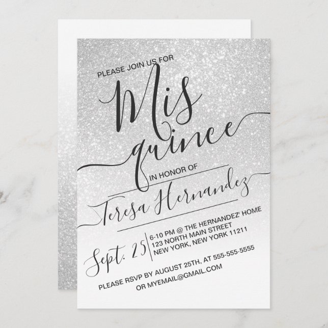 Elegant White Sparkly Glitter Ombre Quinceañera Invitation (Front/Back)