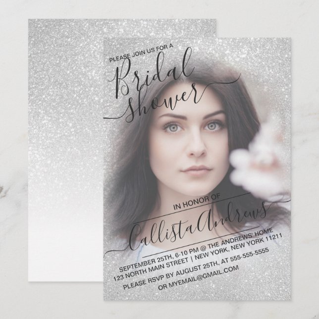 Elegant White Sparkly Glitter Photo Bridal Shower Invitation (Front/Back)