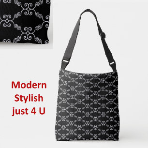 Elegant white spiral vector pattern on black crossbody bag