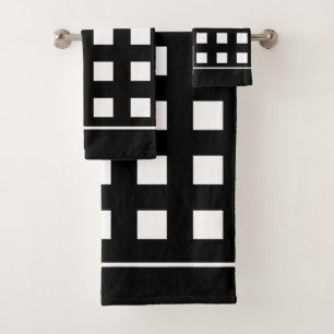 Elegant White Squares on Black Bath Towel Set