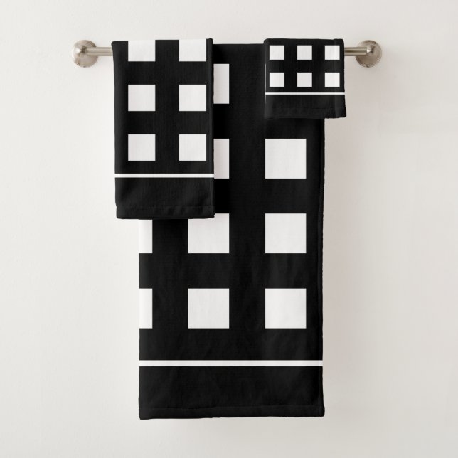 Elegant White Squares on Black Bath Towel Set (Insitu)
