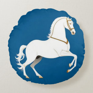 Elegant White Stallion Illustration on Round Cushion