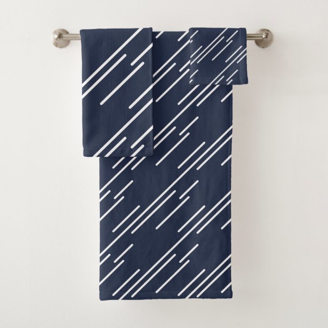 Elegant White Stripes Pattern Navy Blue Bath Towel Set (Insitu)