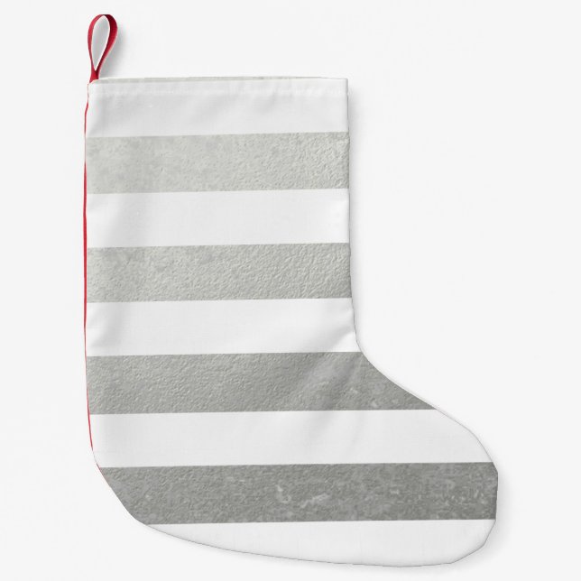 Elegant White Stripes Silver Foil Printed Small Christmas Stocking (Front)
