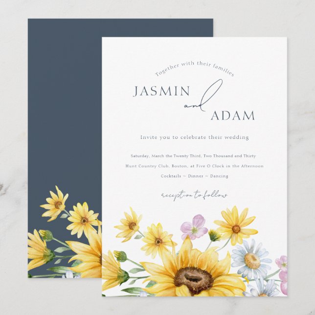 Elegant White Sunflower Floral Wedding Invitation (Front/Back)