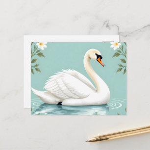 Elegant white swan floral blue postcard