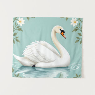 Elegant white swan floral blue tapestry
