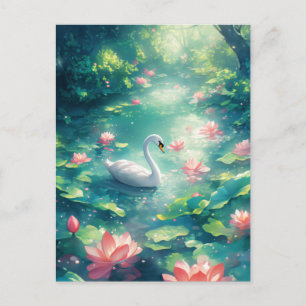 Elegant White Swan in Pink Lotus Pond Postcard