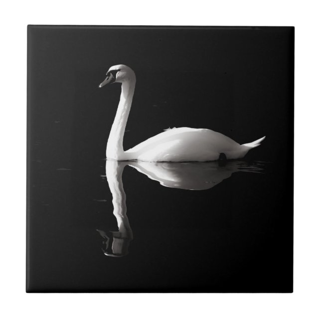 Elegant White Swan Reflection On Black Lake Ceramic Tile (Front)