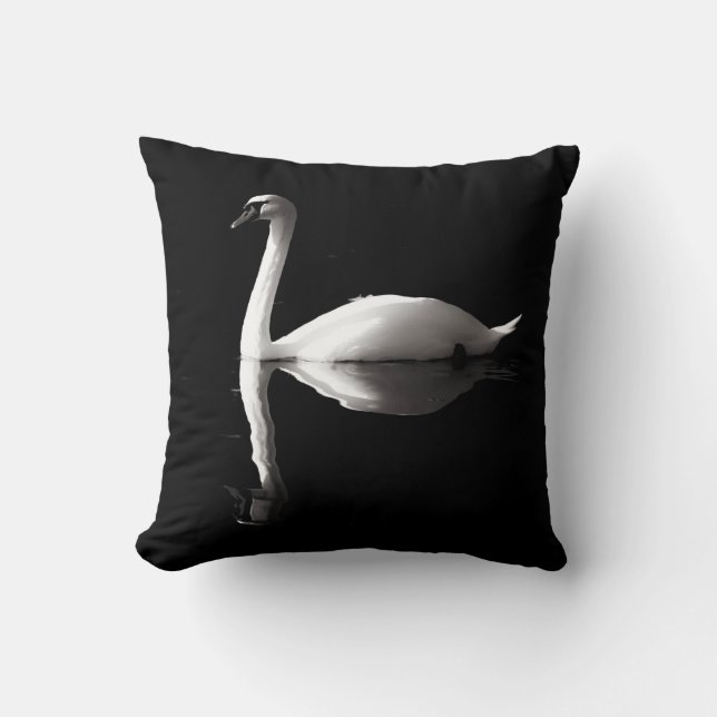 Elegant White Swan Reflection On Black Lake Cushion (Front)