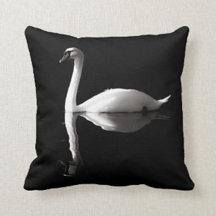 Elegant White Swan Reflection On Black Lake Cushion