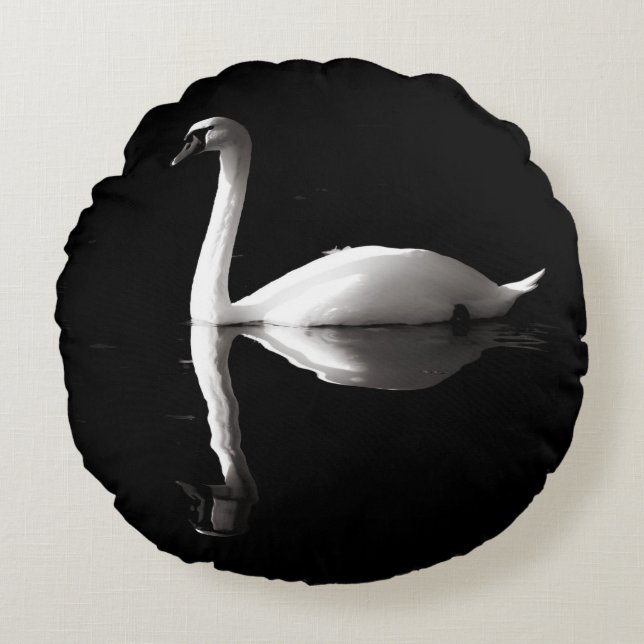 Elegant White Swan Reflection On Black Lake Round Cushion (Front)