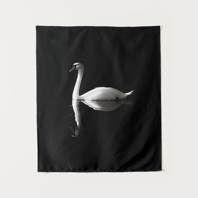 Elegant White Swan Reflection On Black Lake Tapestry (Front)