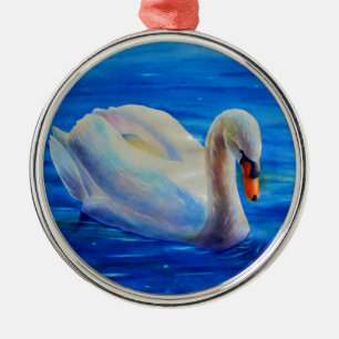 Elegant white swan watercolor painting metal tree decoration