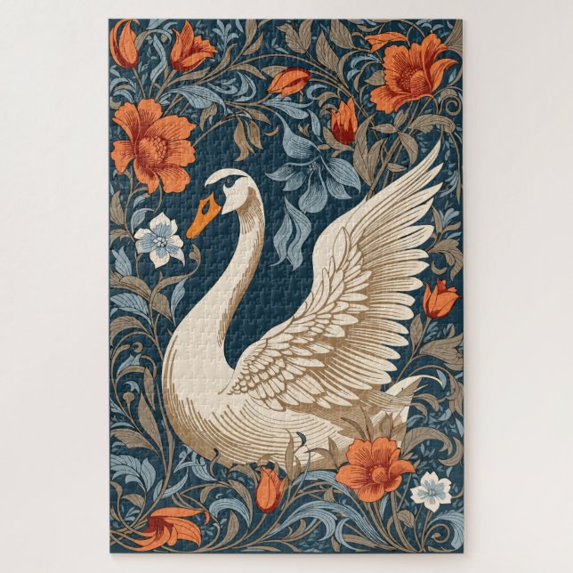 Elegant White Swan William Morris Inspired Floral Jigsaw Puzzle (Vertical)