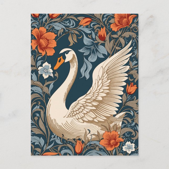Elegant White Swan William Morris Inspired Floral Postcard (Front)