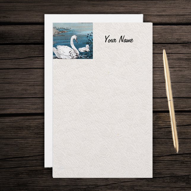 Elegant White Swan With Baby Stationery (Pretty white swan with baby in blue lake on faux textured writing stationery paper.)