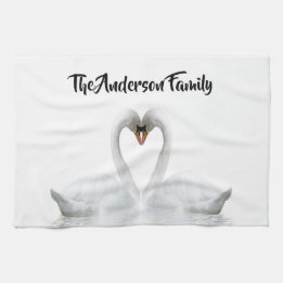 Elegant white swans family name script tea towel