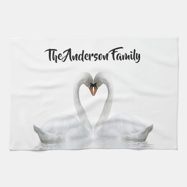 Elegant white swans family name script tea towel (Horizontal)
