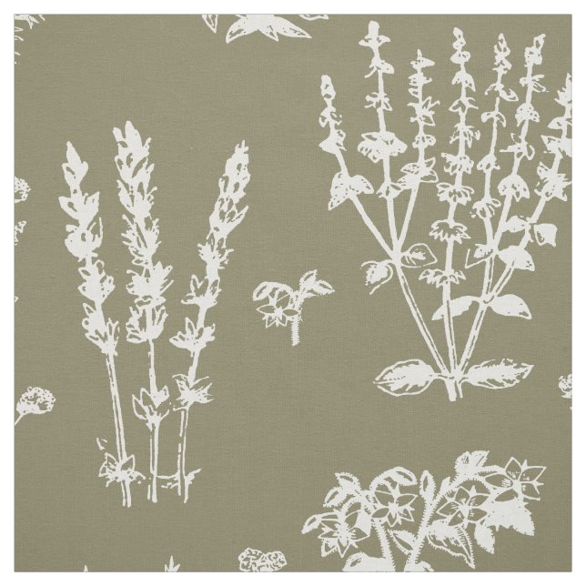 Elegant White Taupe Herbal Garden Pattern Fabric (Swatch)
