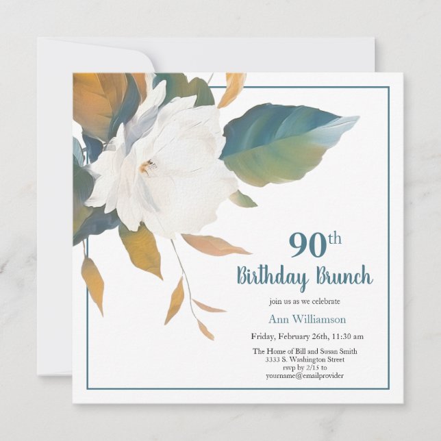 Elegant White Teal Floral 90th Birthday Party Invitation (Front)