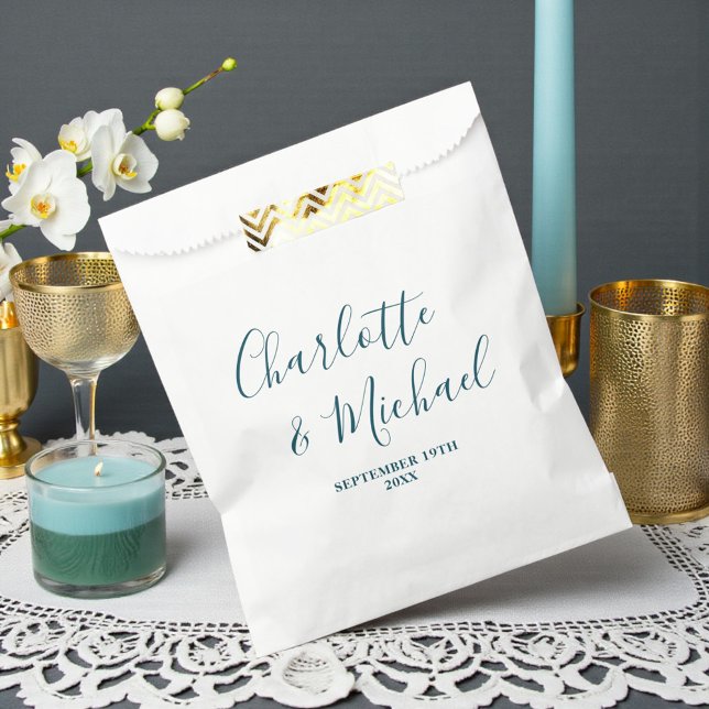 Elegant White & Teal Script Minimalist Wedding Favour Bag (Creator Uploaded)