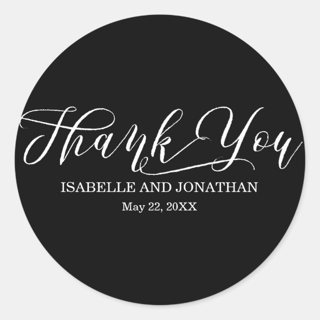 Elegant White Text on Black Personalised Wedding Classic Round Sticker (Front)