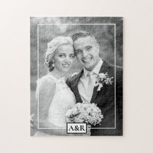 Elegant white thin border and initials wedding jigsaw puzzle