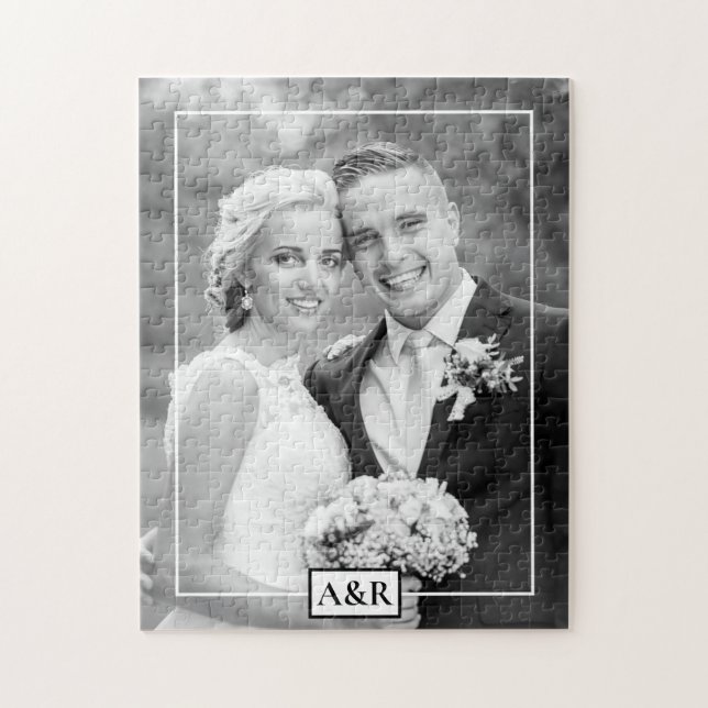 Elegant white thin border and initials wedding jigsaw puzzle (Vertical)