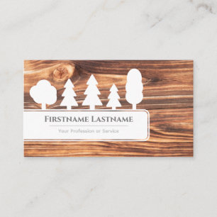 Elegant white trees on brown wood grain forest business card
