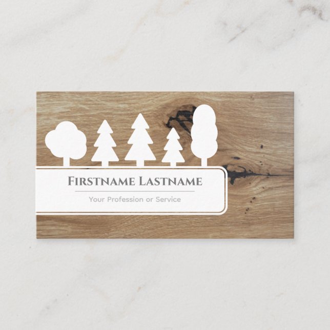 Elegant white trees on brown wood grain parquet business card (Front)