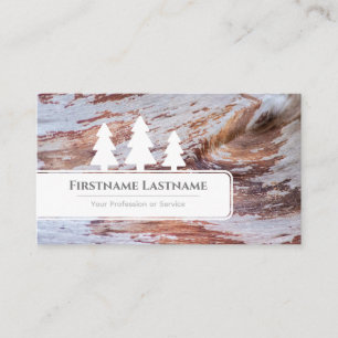 Elegant white trees on brown wood grain wooden cut business card