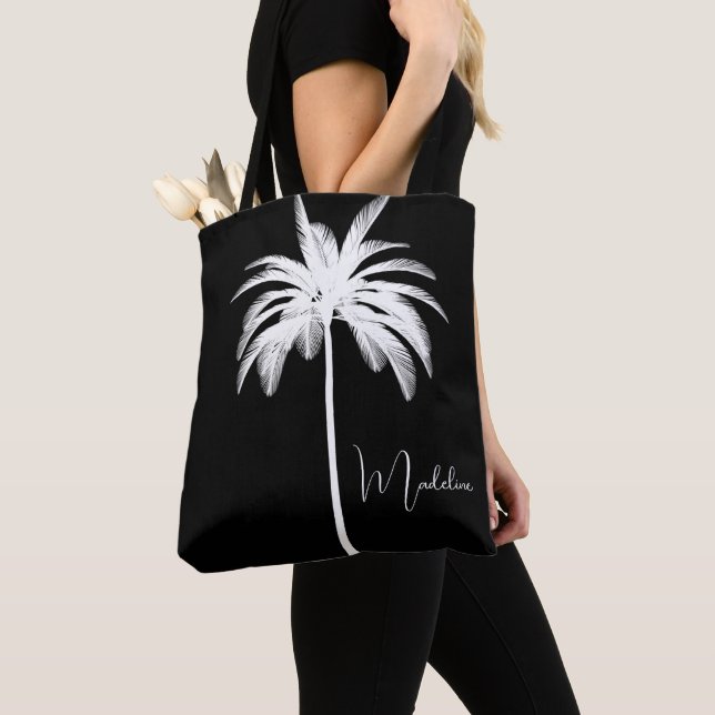 Elegant White Tropical Palm Tree Tote Bag (Close Up)