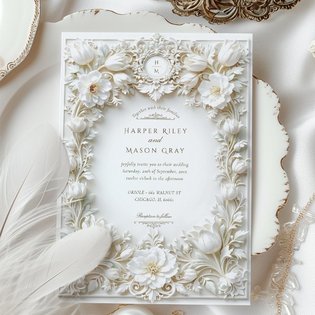 Elegant White Tulips Faux Embossed Invitation (Creator Uploaded)