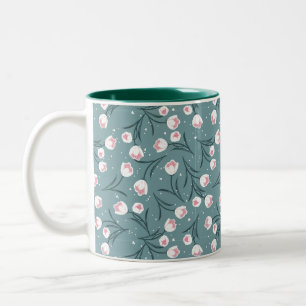Elegant White Tulips on Pastel Green Pattern Two-Tone Coffee Mug