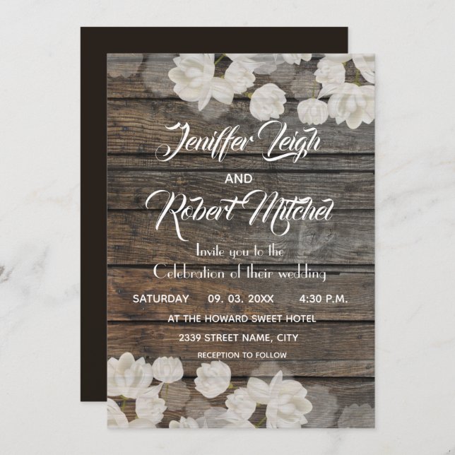Elegant white tulips rustic wedding invitation (Front/Back)