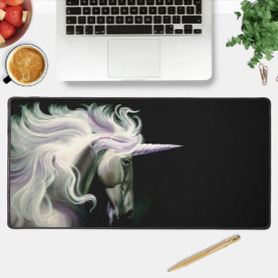 Elegant White Unicorn Flowing Mane Purple Fantasy Desk Mat