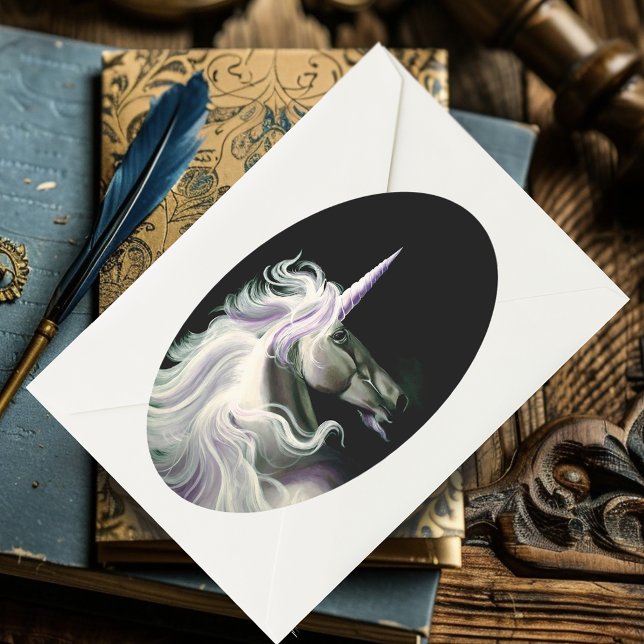 Elegant White Unicorn Flowing Mane Purple Fantasy Oval Sticker (Creator Uploaded)
