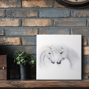 Elegant White Unicorns Couple Fantasy Romantic Ceramic Tile